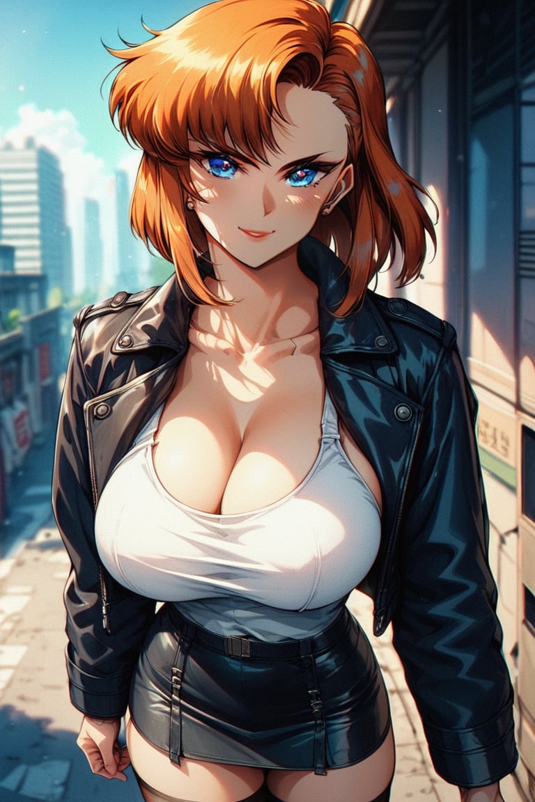 1girl, solo, medium hair, orange hair, bobcut, bangs, ((blue eyes)), huge breasts, apartment building, exterior, (street:1.2), market, morning sky, leather shoes, white tank_top,(leather jacket), black (microskirt), (sheer thighhighs),(morning), , score_9, score_8, score_7, score_6, retro, cyberpunk, (close-up) ,determined look,
masterpiece, best quality, amazing quality, very aesthetic, absurdres, depth of field