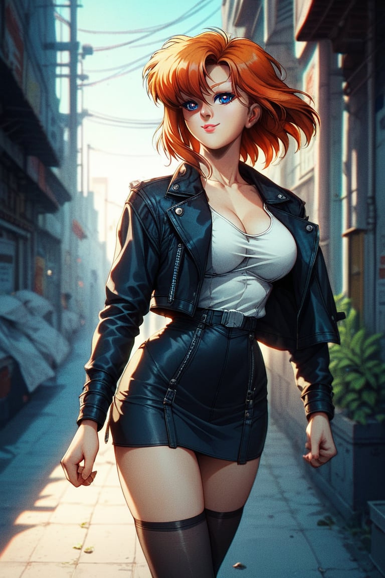 1girl, solo, medium hair, orange hair, bobcut, bangs, ((blue eyes)), large breasts, apartment building, exterior, (street:1.2), market, morning sky, , white tank_top,(leather jacket:1.4), black (microskirt), (sheer thighhighs),(morning), , score_9, score_8, score_7, score_6, retro, cyberpunk, (close-up),cowboy_shot ,determined look,covered shoulders,dynamic pose,running,
masterpiece, best quality, amazing quality, very aesthetic, absurdres, depth of field