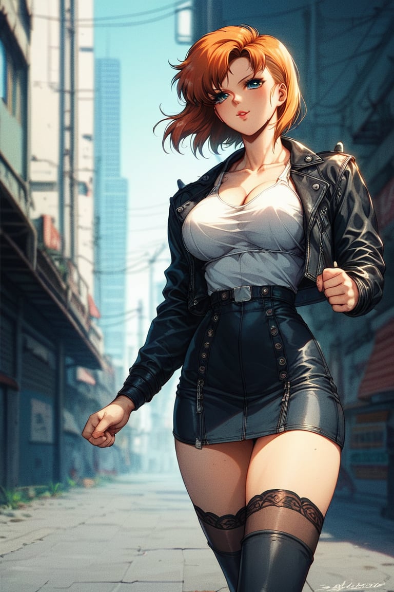 1girl, solo, medium hair, orange hair, bobcut, bangs, ((blue eyes)), large breasts, apartment building, exterior, (street:1.2), market, morning sky, , white tank_top,(leather jacket:1.4), black (microskirt), (sheer thighhighs),(morning), , score_9, score_8, score_7, score_6, retro, cyberpunk, (close-up),cowboy_shot ,determined look,covered shoulders,dynamic pose,running,
masterpiece, best quality, amazing quality, very aesthetic, absurdres, depth of field