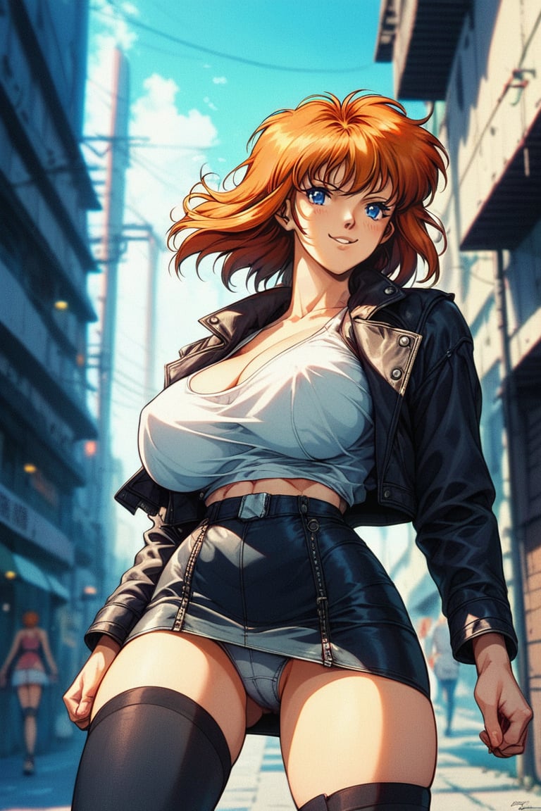 1girl, solo, medium hair, orange hair, bobcut, bangs, ((blue eyes)), huge breasts, apartment building, exterior, (street:1.2), market, morning sky, , white tank_top,(leather jacket:1.2), black (microskirt), (sheer thighhighs),(morning), , score_9, score_8, score_7, score_6, retro, cyberpunk, (close-up),cowboy_shot ,determined look,covered shoulders,dynamic pose,running,
masterpiece, best quality, amazing quality, very aesthetic, absurdres, depth of field