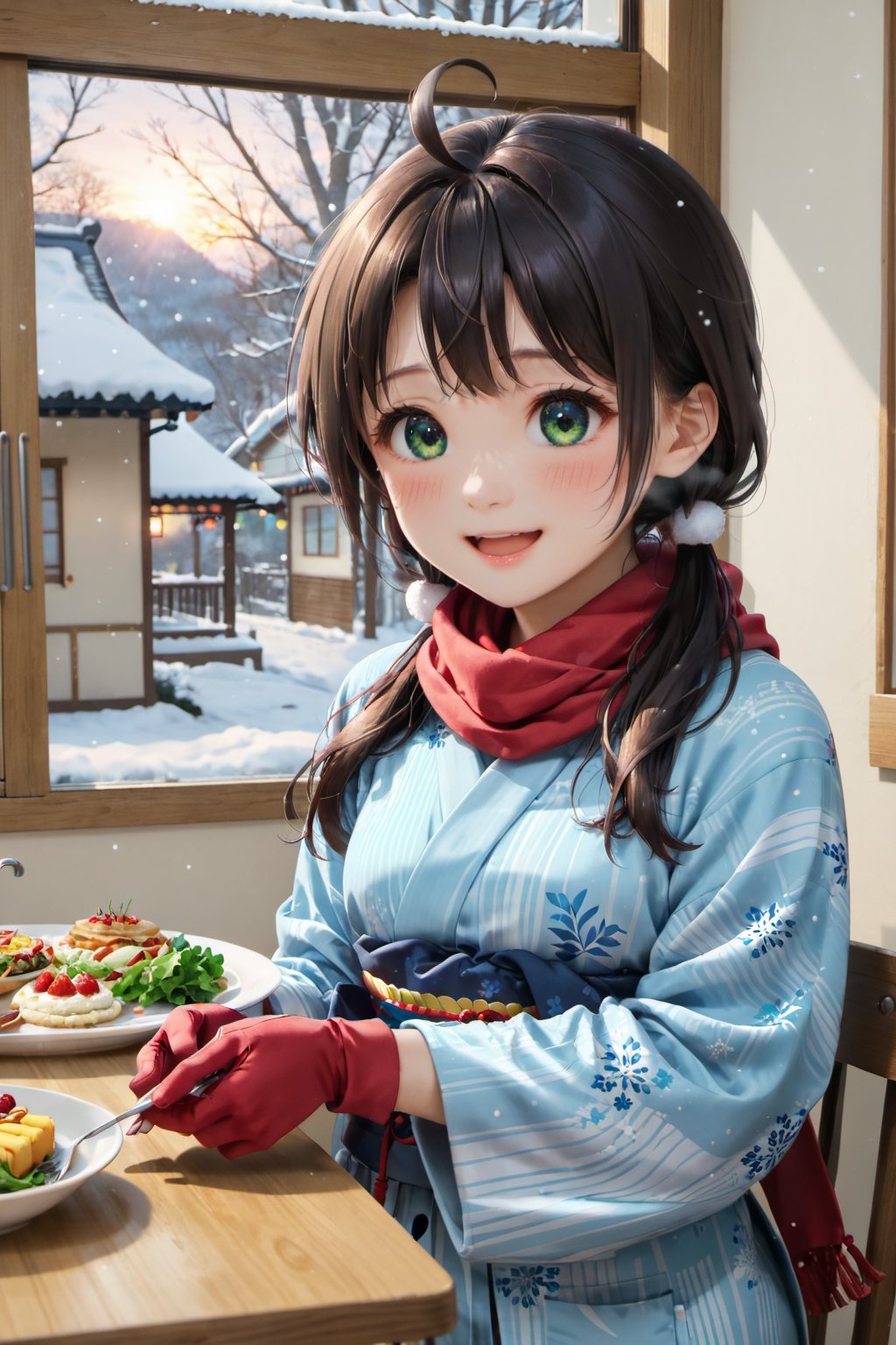 masterpiece, best quality, ultra-detailed, high resolution, 1girl, solo, cute girl, pretty girl, beautiful girl, petite, japanese theme, kitchen, indoors, snowy, winter, colorful, vibrant, dynamic lighting, Hiyoribo, black hair, low twintails, bang, ahoge, green eyes, hair ornaments, long yukata, ocean blue kimono, red scarf, red heavy gloves, cute, waifu, kawaii, adorable, energetic, cute girlfriend, sweet girlfriend, shy, blushing, cute smile, open mouth, in love, romantic, love trance, goddess, heavy breath, cold breath, wholesome, heartwarming, dinner, romantic dinner, having dinner, eating, thankful expression, happy expression, satisfied expression