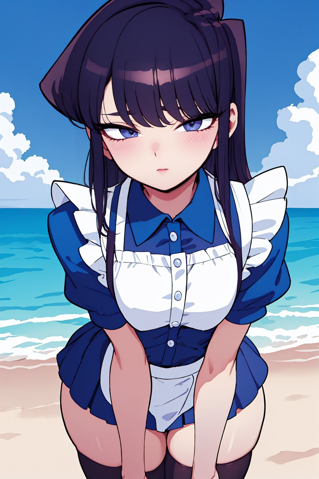 Beautiful, beautiful, high quality, highly detailed, Pose details, caricature, Physical detail, open eyes, blushing, clothing, maid, place, beach, Komi-san by Komi-san can't communicate, Komi-san,skirt,thighhighs,blue shirt,ShokoKomidef,komi_shouko 