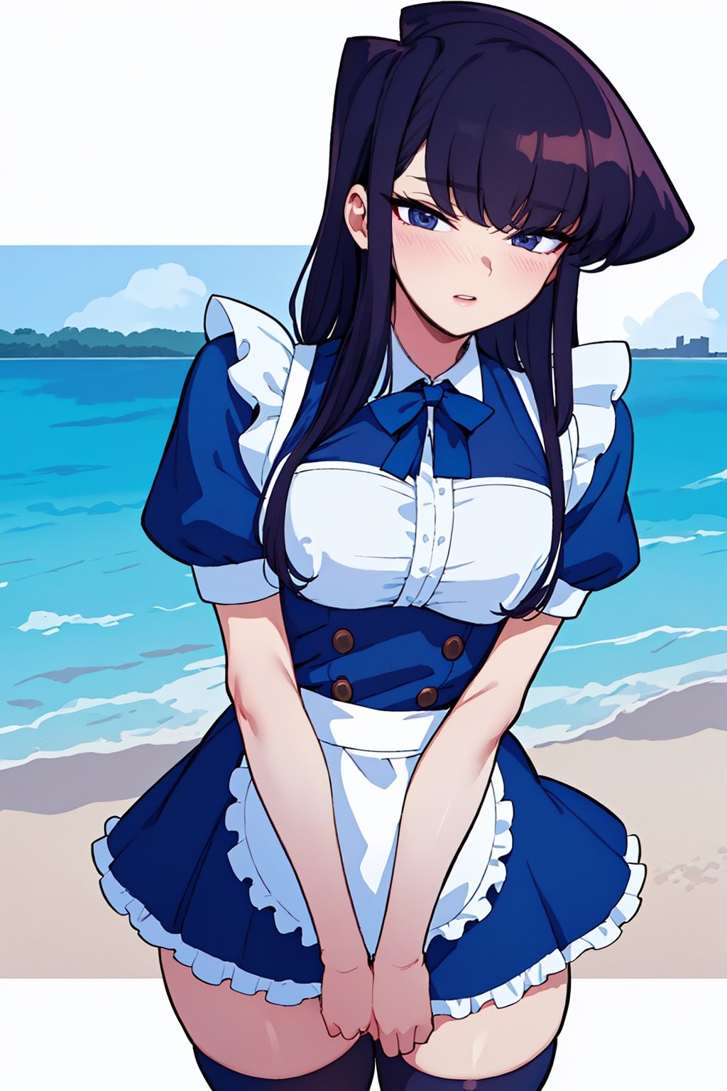 Beautiful, beautiful, high quality, highly detailed, Pose details, caricature, Physical detail, open eyes, blushing, clothing, maid, place, beach, Komi-san by Komi-san can't communicate, Komi-san,skirt,thighhighs,blue shirt,ShokoKomidef,komi_shouko 