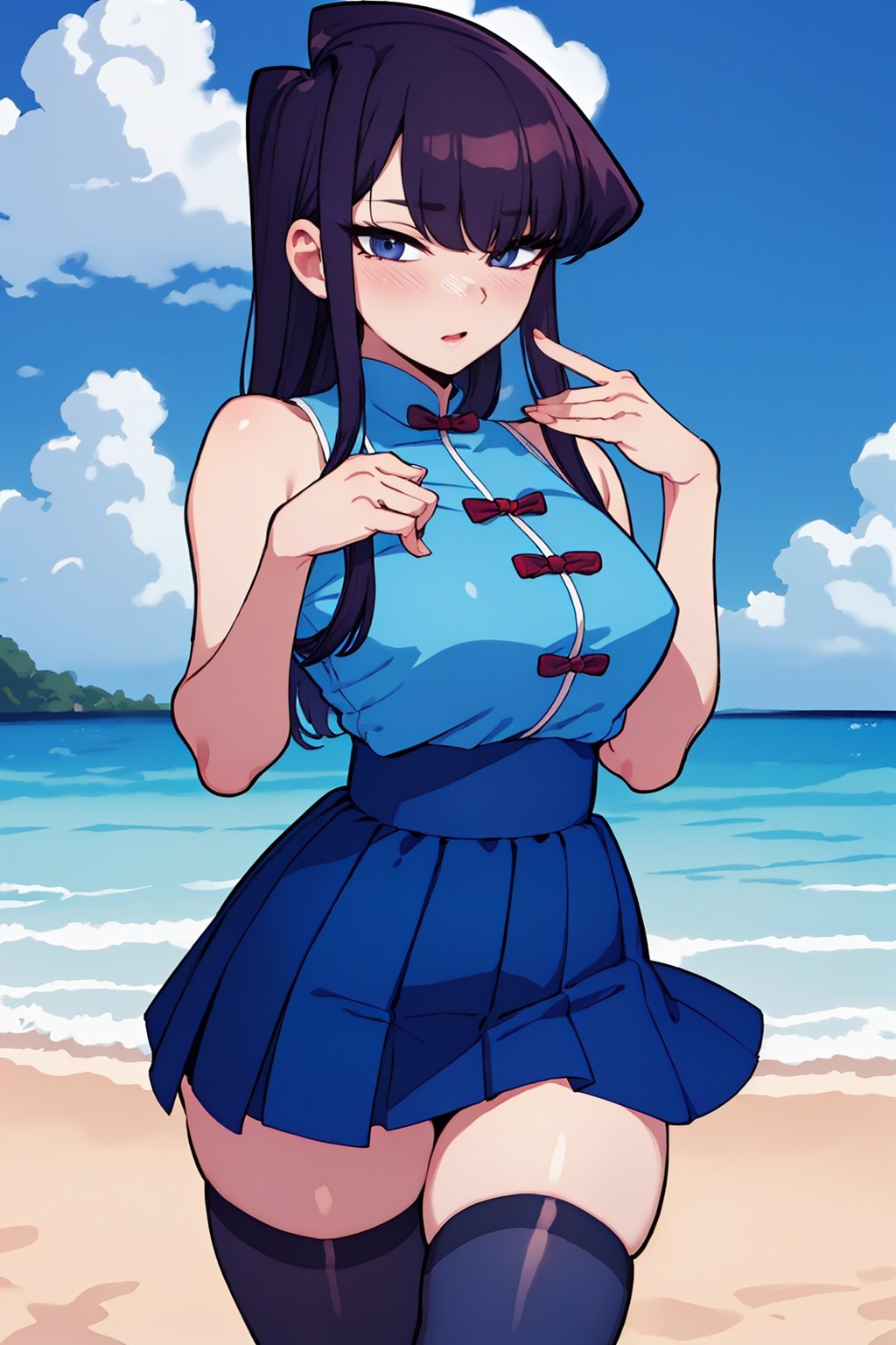 Beautiful, beautiful, high quality, highly detailed, Pose details, caricature, Physical detail, open eyes, blushing, clothing, qipao, place, beach, Komi-san by Komi-san can't communicate, Komi-san,skirt,thighhighs,blue shirt,ShokoKomidef,komi_shouko