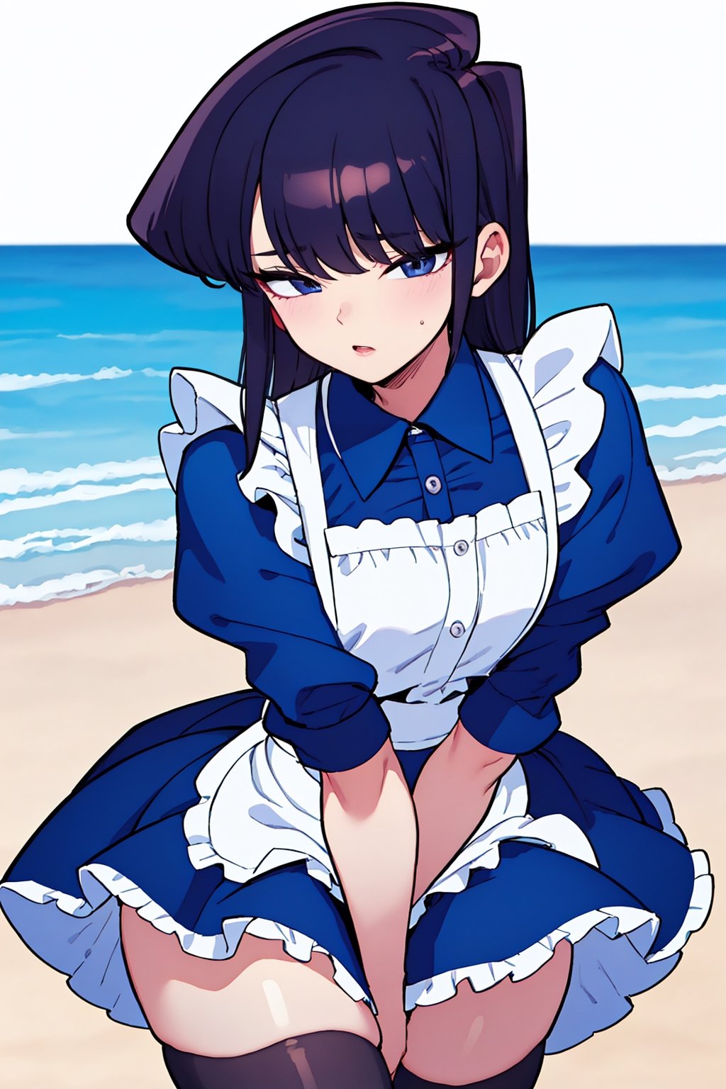 Beautiful, beautiful, high quality, highly detailed, Pose details, caricature, Physical detail, open eyes, blushing, clothing, maid, place, beach, Komi-san by Komi-san can't communicate, Komi-san,skirt,thighhighs,blue shirt,ShokoKomidef,komi_shouko 