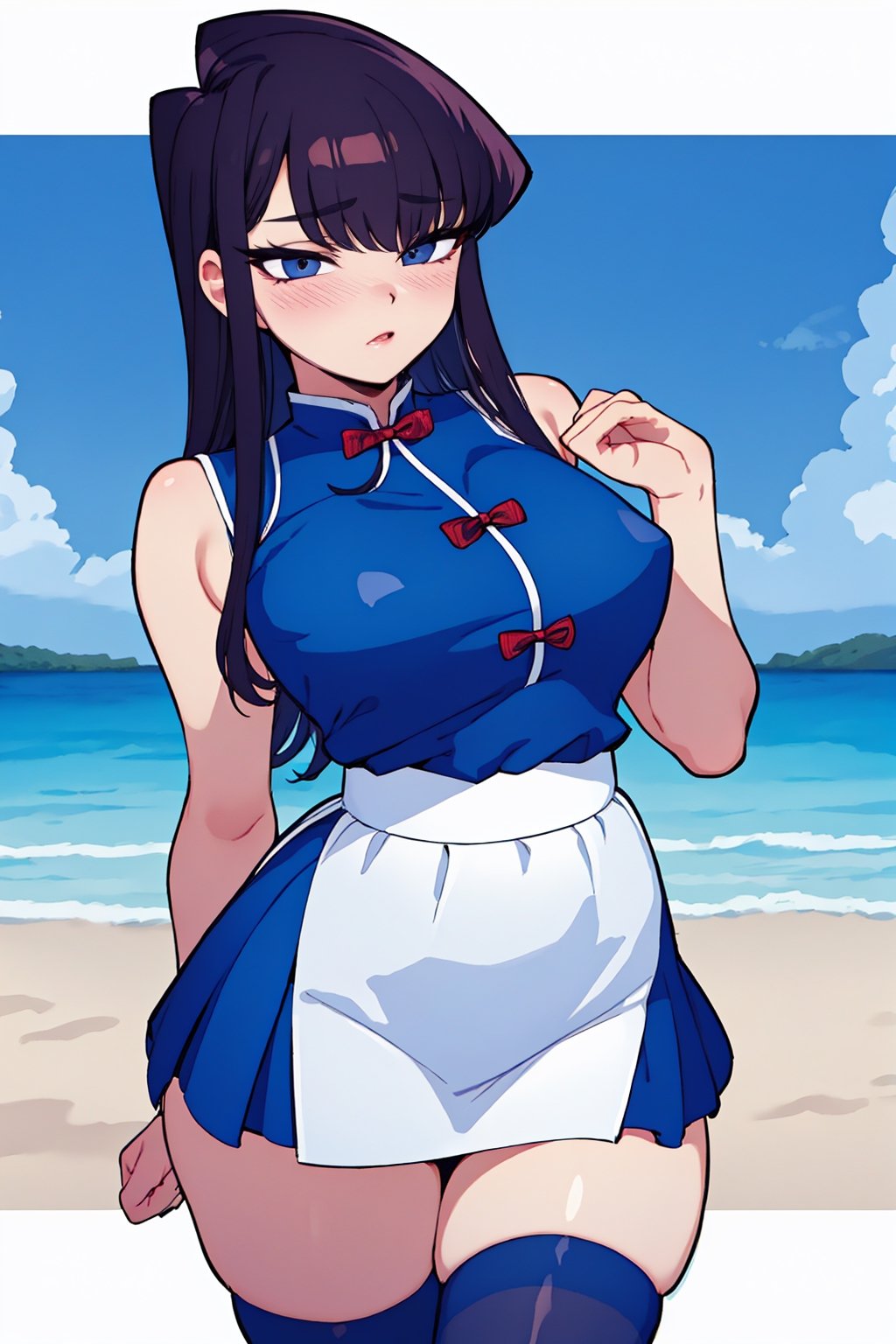 Beautiful, beautiful, high quality, highly detailed, Pose details, caricature, Physical detail, open eyes, blushing, clothing, qipao, place, beach, Komi-san by Komi-san can't communicate, Komi-san,skirt,thighhighs,blue shirt,ShokoKomidef,komi_shouko 