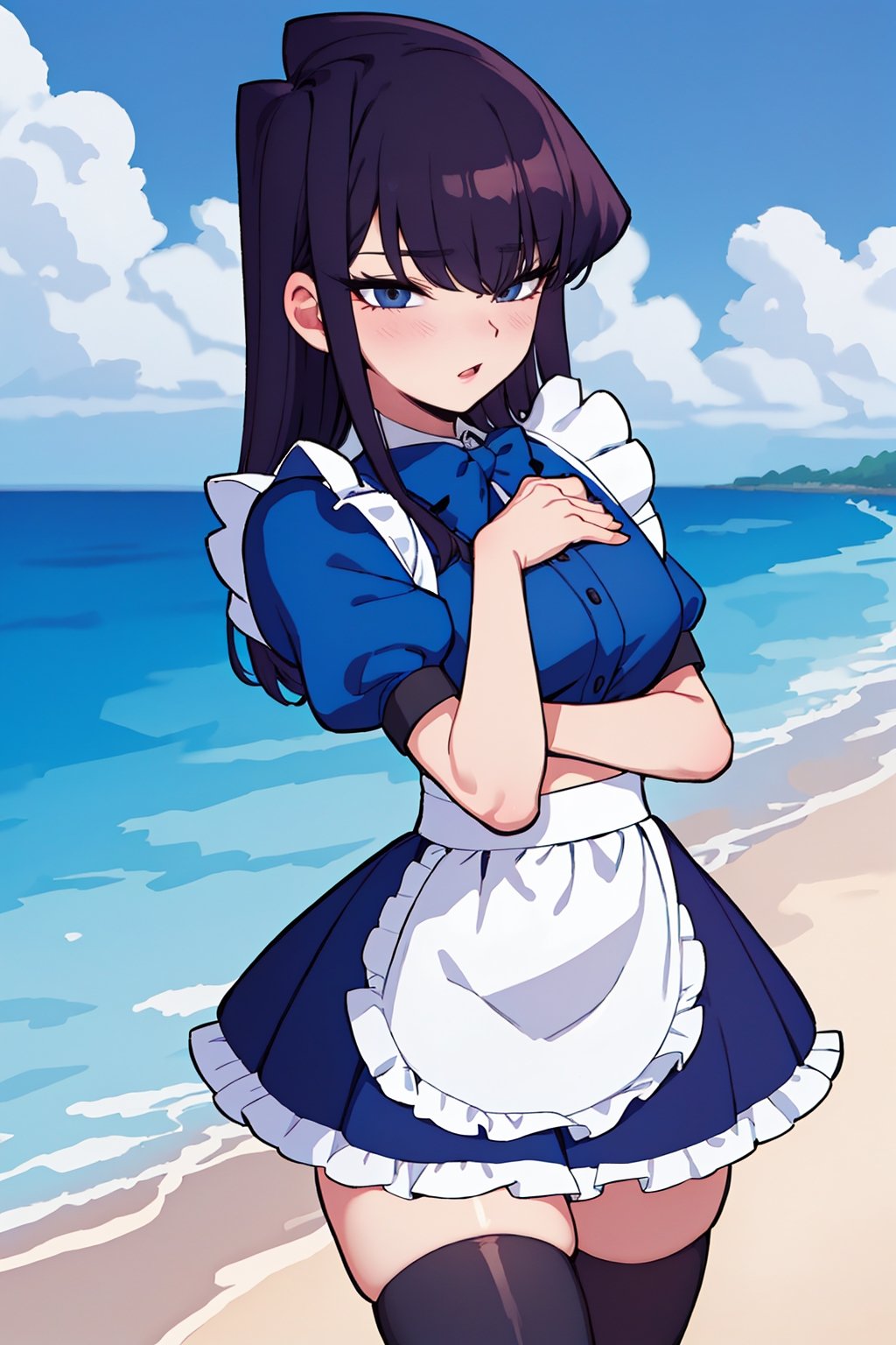 Beautiful, beautiful, high quality, highly detailed, Pose details, caricature, Physical detail, open eyes, blushing, clothing, maid, place, beach, Komi-san by Komi-san can't communicate, Komi-san,skirt,thighhighs,blue shirt,ShokoKomidef,komi_shouko 