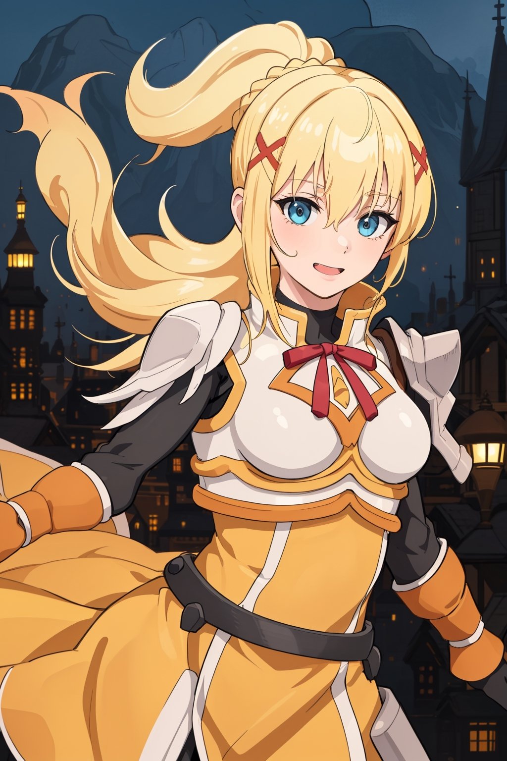 Beautiful, beautiful, high quality, highly detailed, pose details, caricature, physical detail, open eyes, yellow hair, clothing, armor, place, city, darkness, Konosuba ,1girl, long hair, blonde hair,Blue eyes 