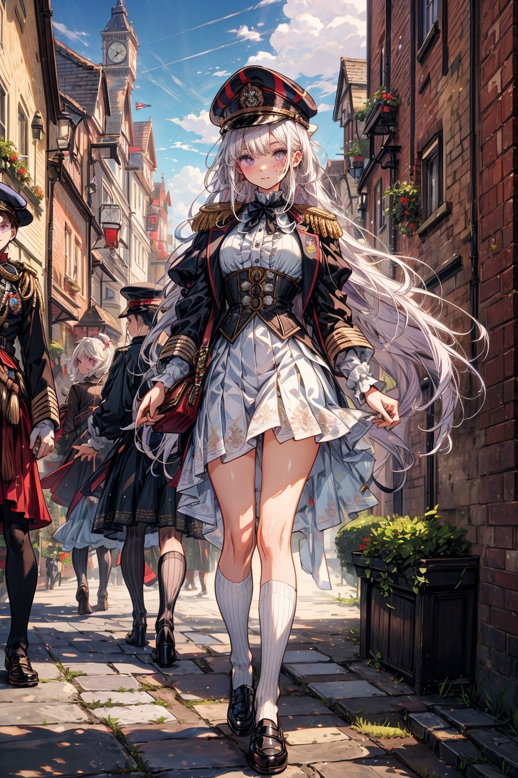 young_gir, long_white_hair, purple_eyes, freckles, white_victorian_military_uniform, standing in victorian london street, vibrant_colours, white_short_skirt, white_clothes