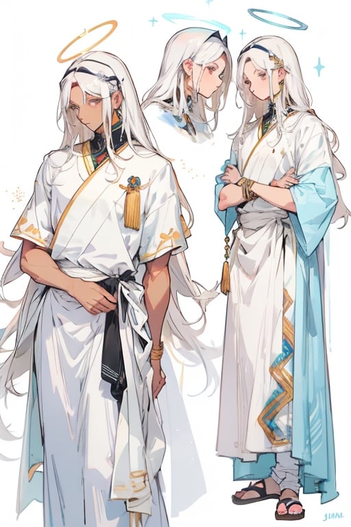 masculine_man, darker_skin, long_white_hair, jewish_clothes, white_clothes, man, golden_accents, left_short_sleeve, vibrant_colours, best_quality, older, muscular_body, long_hair, white_hair, halo_behind_head, jesus