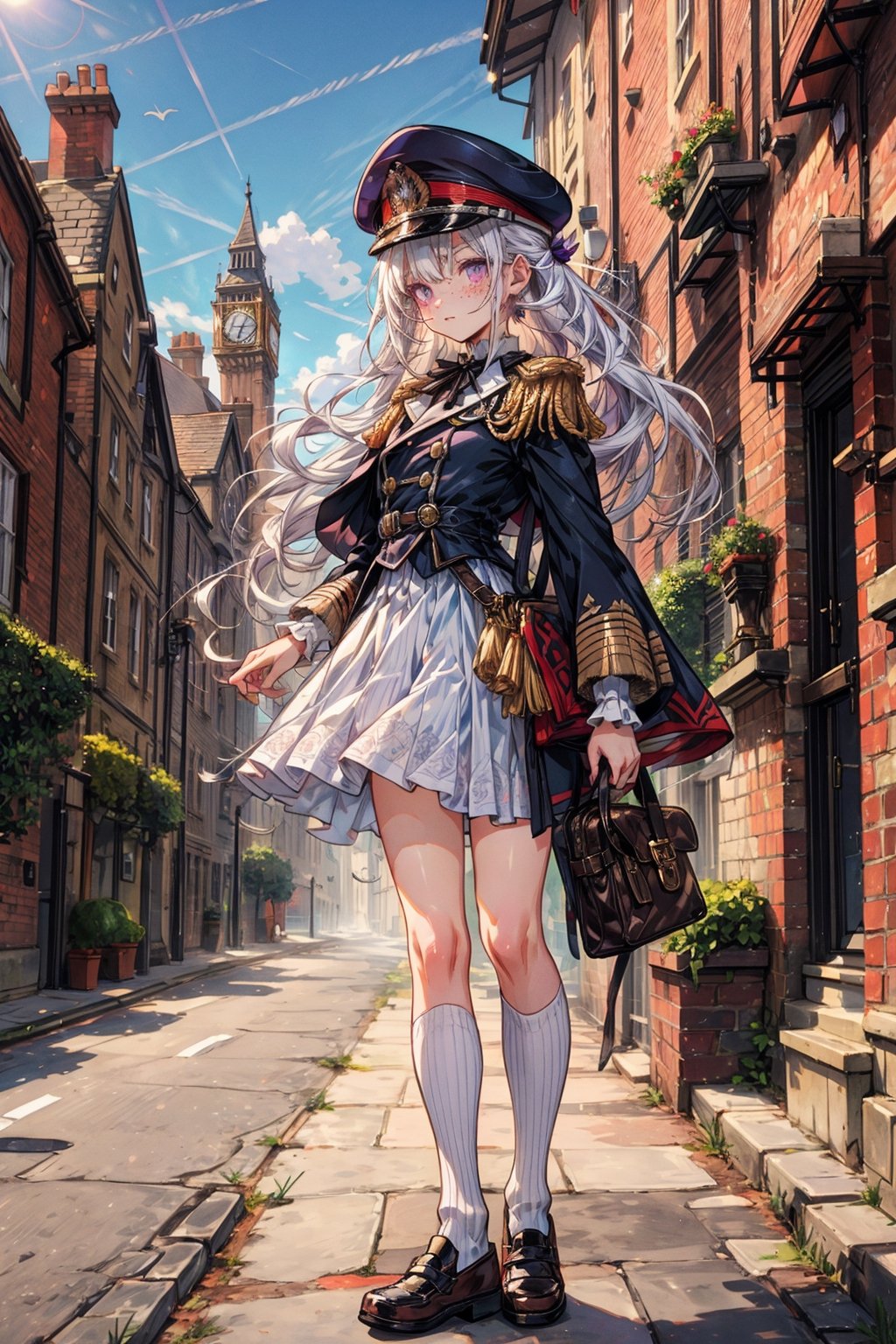 young_gir, long_white_hair, purple_eyes, freckles, white_victorian_military_uniform, standing in victorian london street, vibrant_colours, white_short_skirt, white_clothes, petite, teenager