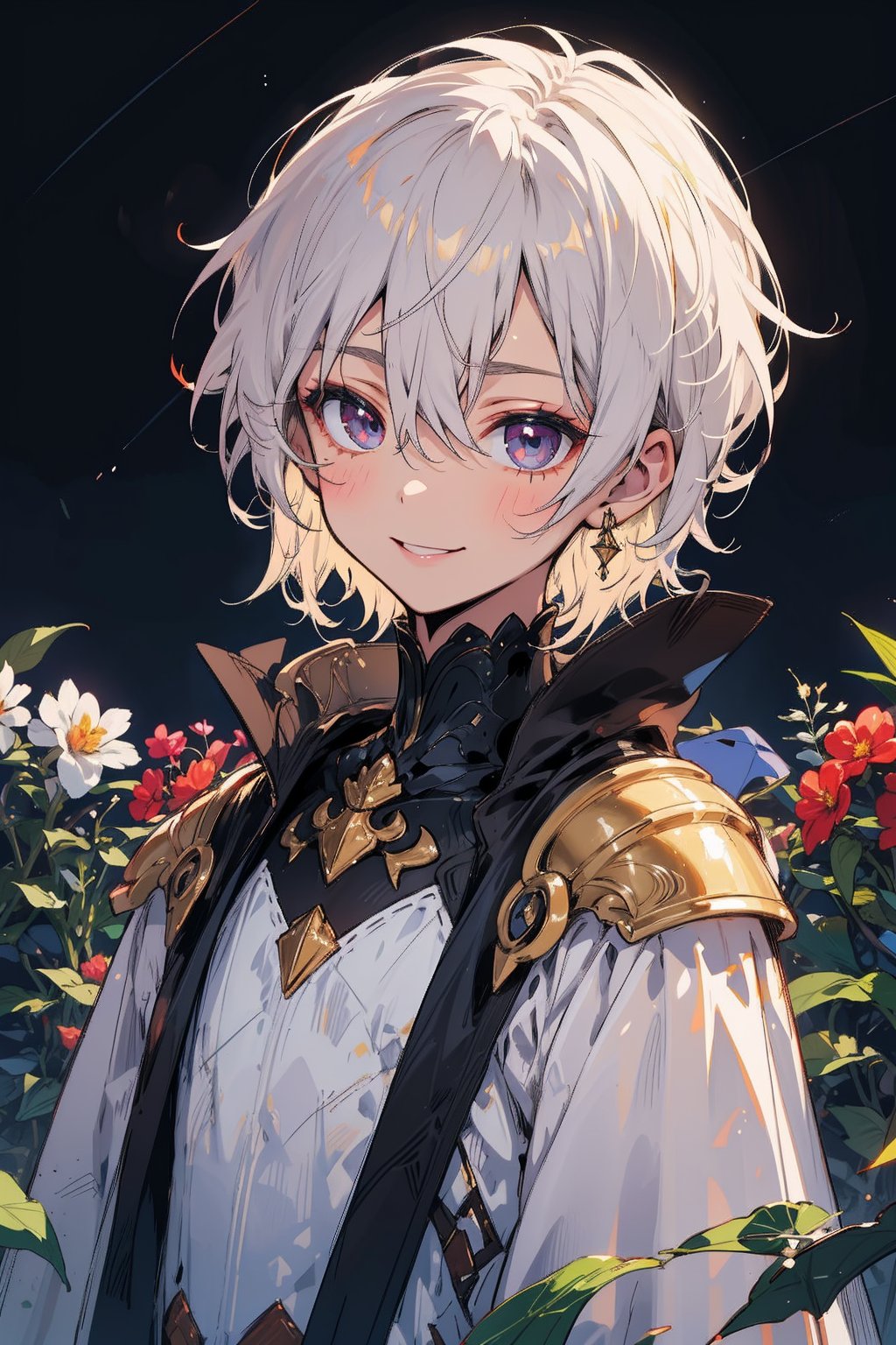 young_person, small_person, androgynous_look, flat_chest, white_hair, shoulder_length_hair, dark_eyes, uncertain_smile, very_slim, very_thin, close_up, fantasy_clothes, victorian_clothes, garden, night, dark_sky, small_body, white_robe, hermaphroditic_look, hermaphrodite, white_clothes, gold_marks, boyish_look, young_boy, tomboy