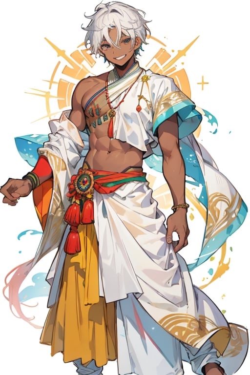 masculine_man, darker_skin, long_white_hair, indian_clothes, white_clothes, smile, man, golden_accents, bare_shoulder_left, left_short_sleeve, vibrant_colours, best_quality, indian_town_background, older