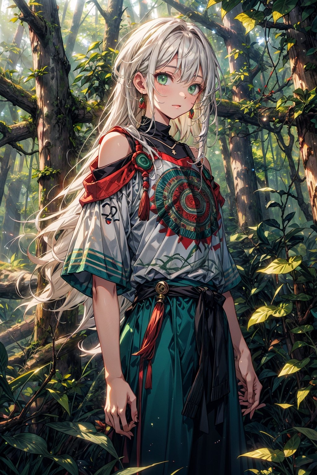 boy, long white hair, green eyes, green mayan clothes, short sleeves, bare_shoulder, standing in forest, forest, vibrant_colours, 