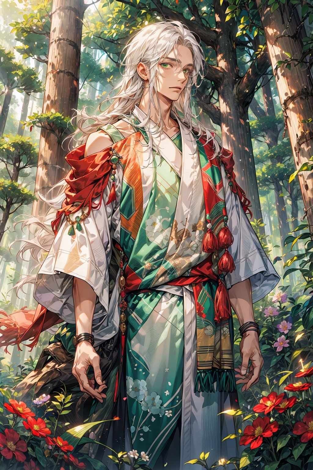 man in his 60s, old_man, long white hair, green eyes, green mayan clothes, short sleeves, bare_shoulder, standing in forest, forest, vibrant_colours, older_male, robes with flower motives, 