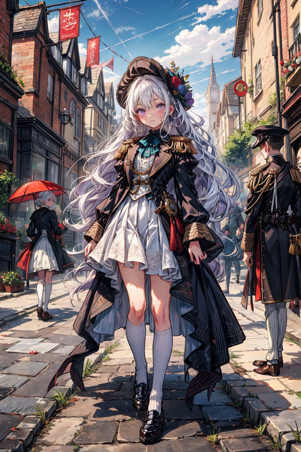 young_gir, long_white_hair, purple_eyes, freckles, white_victorian_military_uniform, standing in victorian london street, vibrant_colours, white_short_skirt, white_clothes, petite, teenager