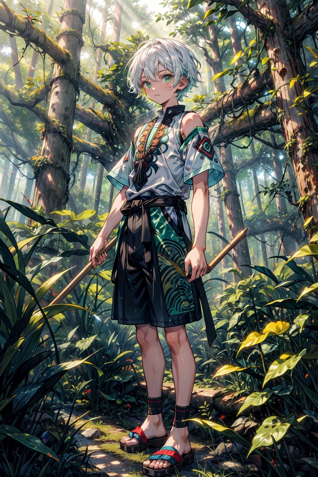 boy, short white hair, green eyes, green mayan clothes, short sleeves, bare_shoulders, standing in forest, forest, vibrant_colours, 