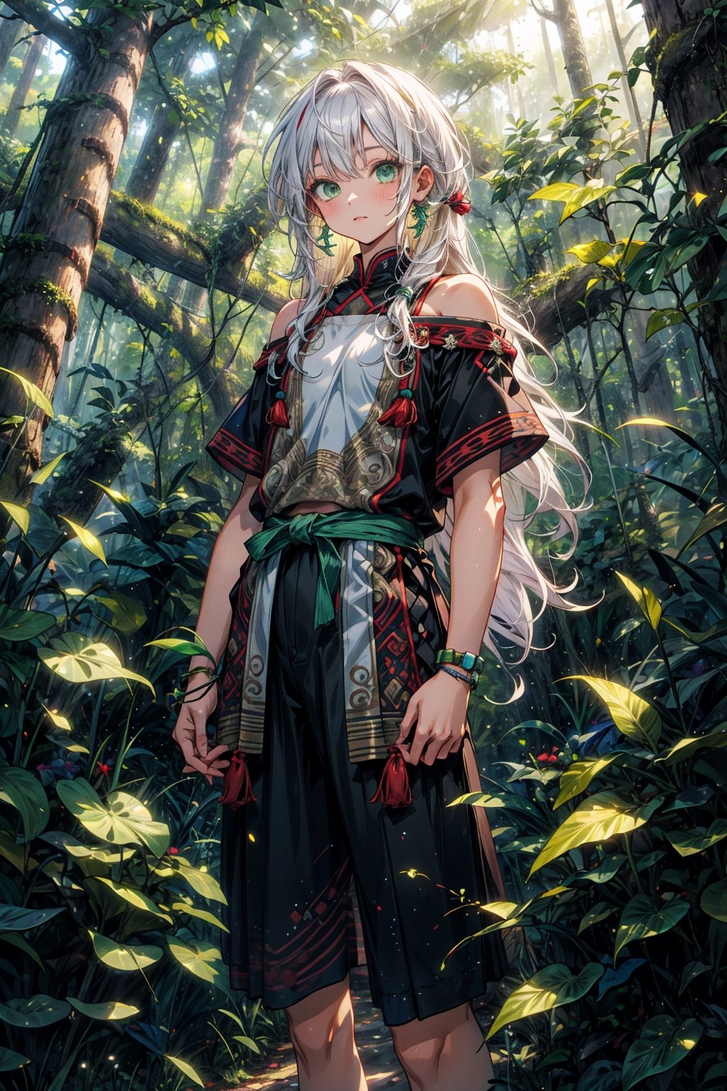 boy, long white hair, green eyes, green mayan clothes, short sleeves, bare_shoulders, standing in forest, forest, vibrant_colours, 