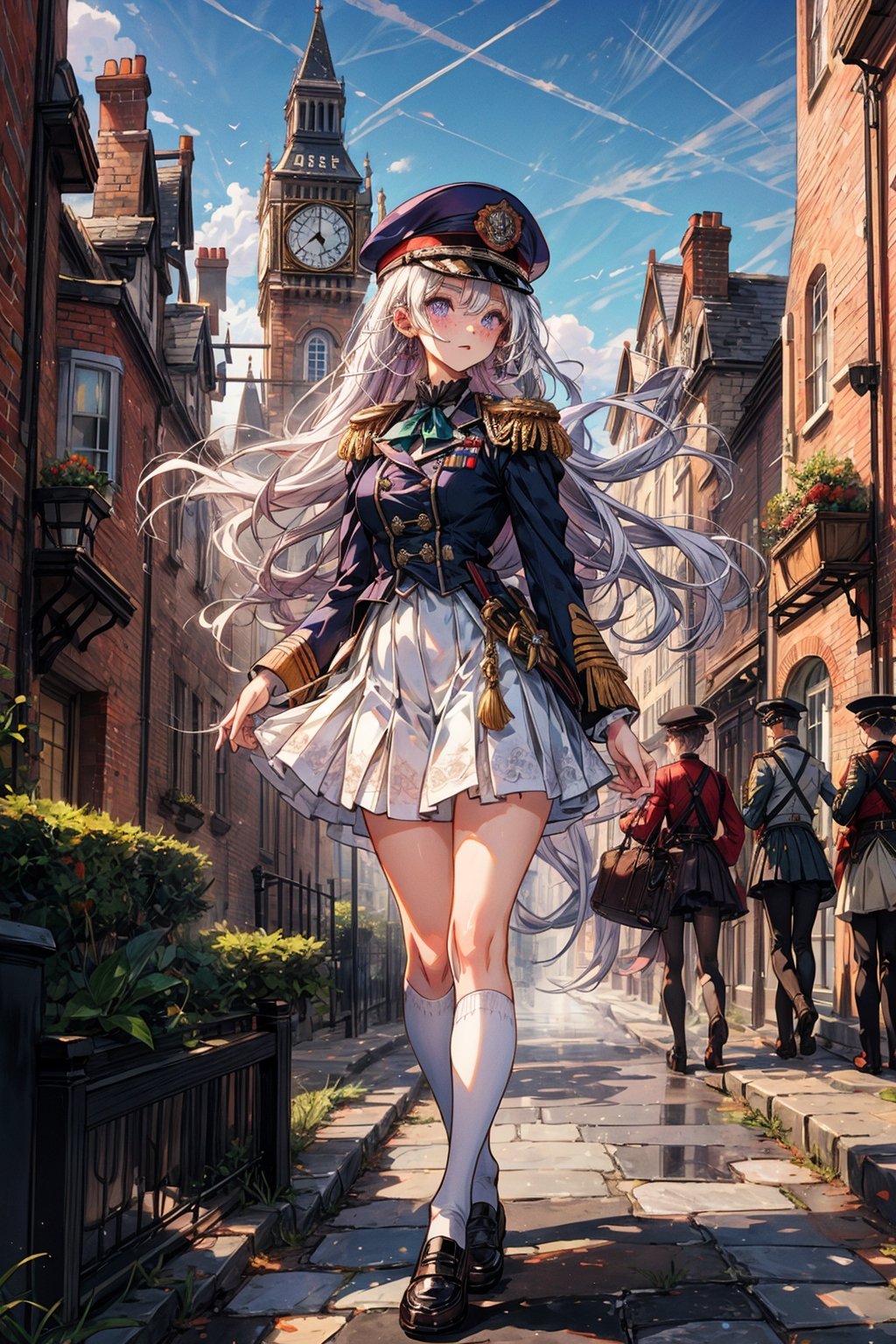 young_gir, long_white_hair, purple_eyes, freckles, white_victorian_military_uniform, standing in victorian london street, vibrant_colours, white_short_skirt, white_clothes