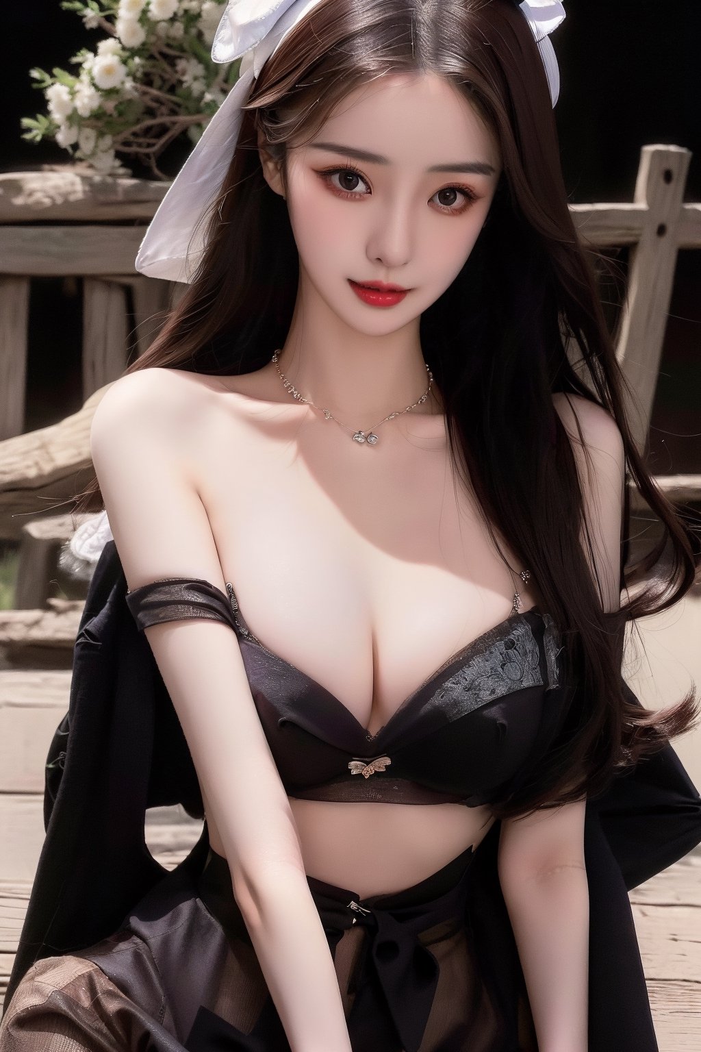 (Masterpiece, best quality, realistic, high resolution, 8K original) 19 years old Asian girl, beautiful real face, real skin, beautiful eyes, beautiful body, beautiful girl, detailed face, detailed hands, Glossy lips, sexy lips, long hair draped over left shoulder, big breasts, detailed and realistic, makeup, viewing audience, full body, bright background, woods, flowers, coat, business attire, cygnet necklace, multi-colored business attire, multi-color Suit, real and clear, beautiful breasts, shawl,drinking,mini top hat,bow bra,collared blouse