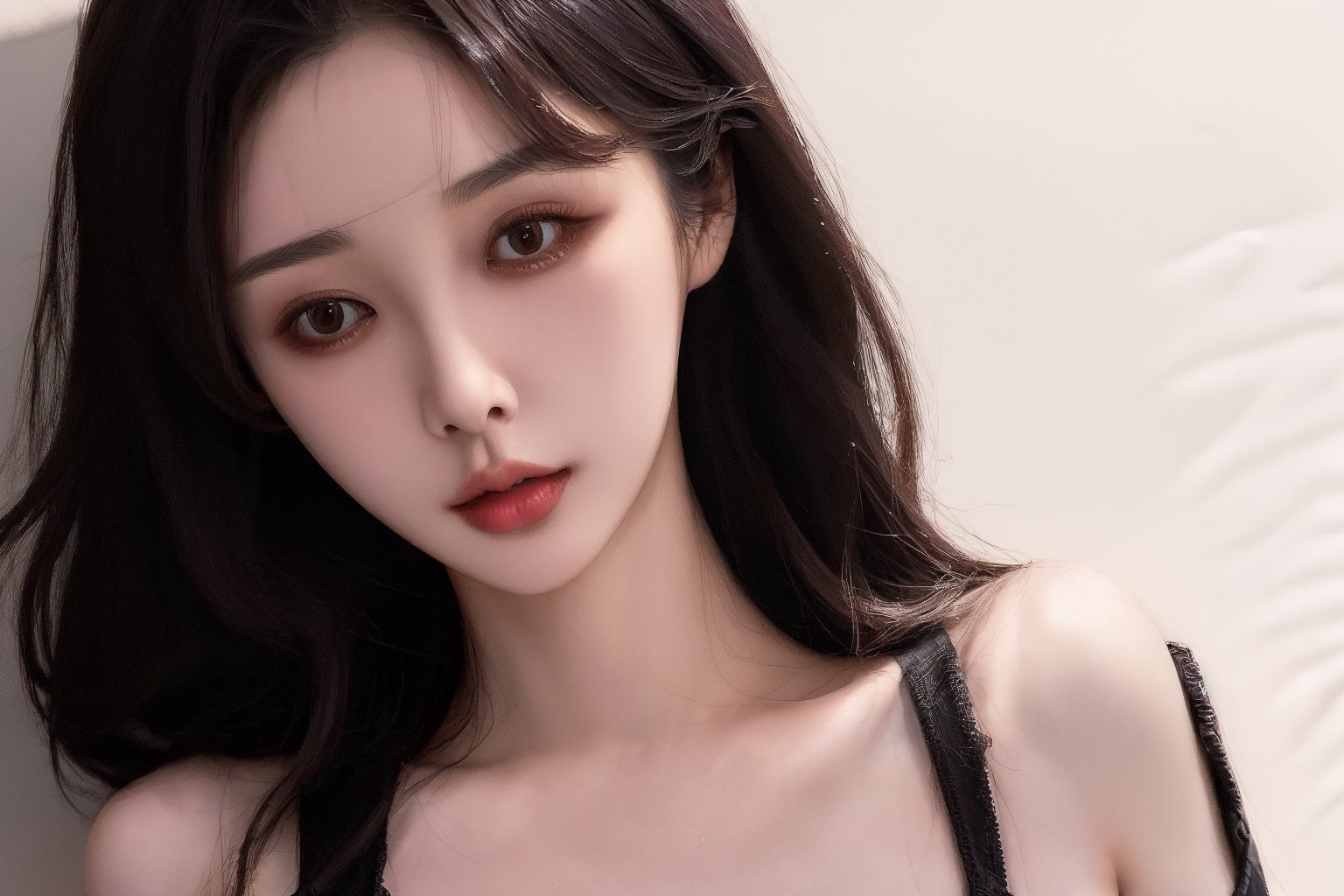 fc detail portrait, surrealism, overall detail. Beautiful woman, elegant white 25-year-old oriental woman, solo, wavy shoulder-length dark brown hair, cut in mullet style, plump body, proportional figure, slim waist, small lips, thin lips, small round nose, black sexy bra,