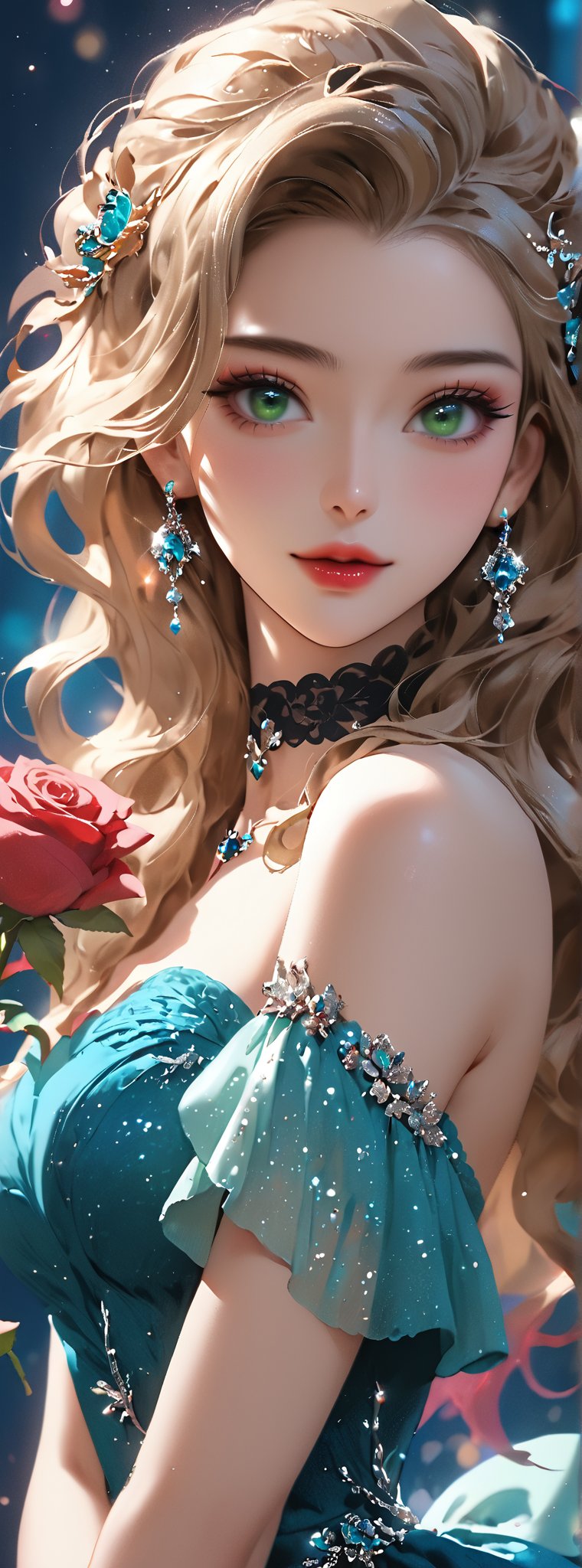 Score_9, score_8_up, score_7_up, score_6_up, 1girl, solo, ((multiple hair colors)), long wavy hair, hair accessories, exquisite makeup, looking at the audience, green eyes, dress, hug, bare shoulders, jewelry , upper body, flowers, earrings, parted lips, choker, off-shoulders, nail polish, side view, red lips, glitter, blue background, black choker, holding rose, Papilio memnon.