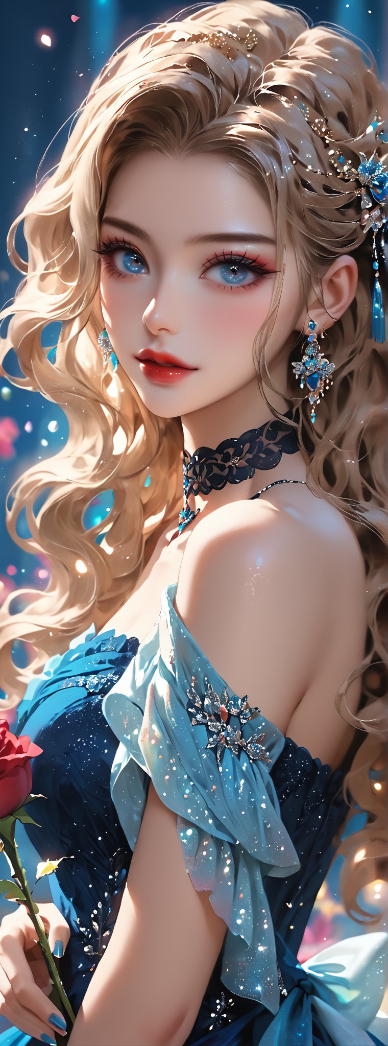 Score_9, score_8_up, score_7_up, score_6_up, 1girl, solo, ((multiple hair colors)), long wavy hair, hair accessories, exquisite makeup, looking at the audience, blue eyes, dress, hug, bare shoulders, jewelry , upper body, flowers, earrings, parted lips, choker, off-shoulders, nail polish, side view, red lips, glitter, blue background, black choker, holding rose, royal blue dress, Papilio memnon.