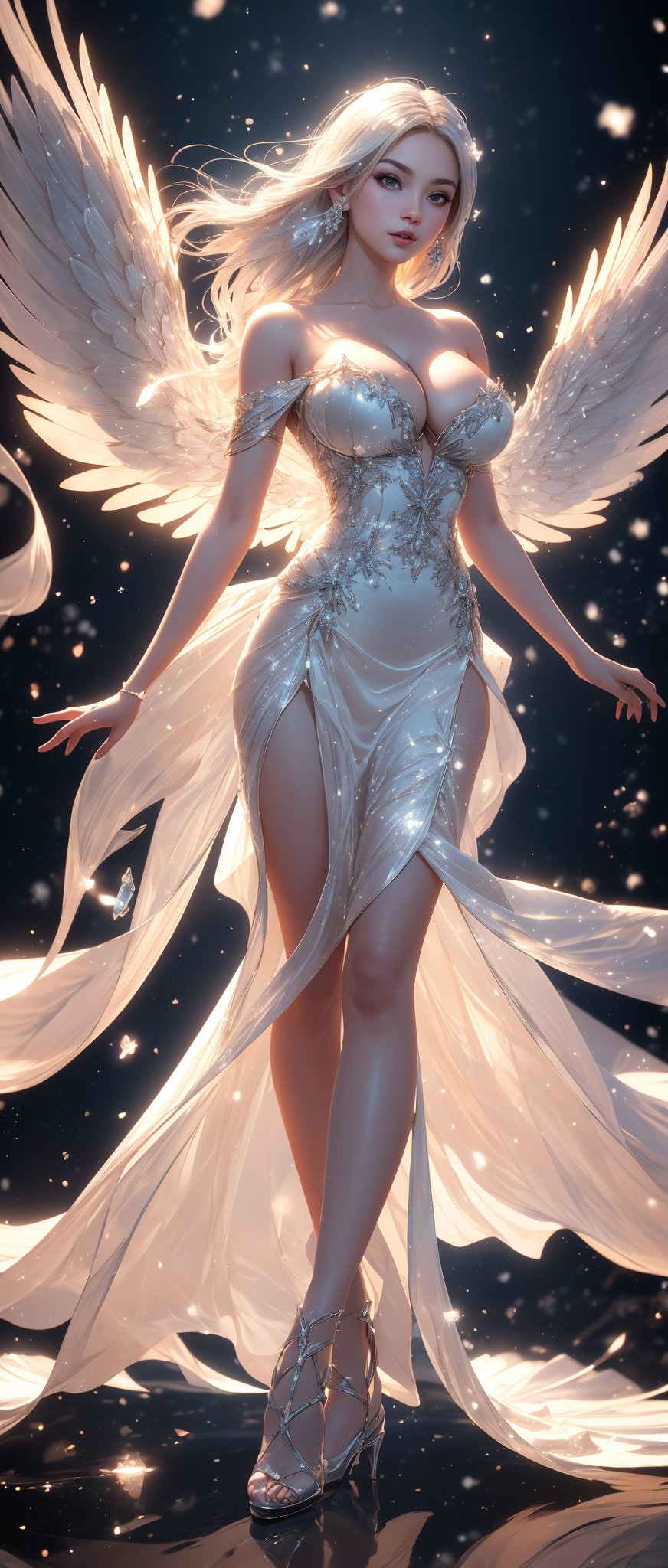 In the clear blue sky, a Chinese woman stood in a huge magic circle. She spreads her snow-white wings like ice and snow, wears a silver-black elegant gauze skirt, and creates slight energy ripples. Her cool bare shoulders, natural chest, and arms wave freely, drawing an arc of energy, a dynamic posture, and a delicate and perfect body. Face, perfect proportions, slender waist, fair skin. Tall and well-proportioned, with long legs and crystal high heels. (from bottom to top: 1.2), (photo realism: 1.2), (sharp focus), soft light, (full body shot), long silver hair, (distribution: 1.2), (cleavage: 1.5), (shoulders bare): 1.3) (soft light, ambient light).