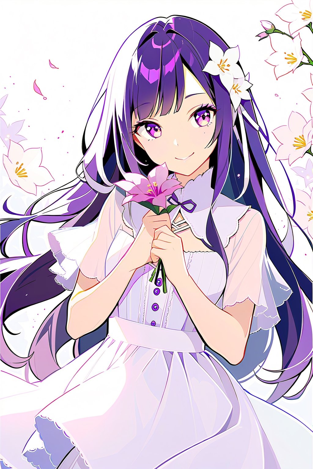 1girl ,wear mid dress suite،purple hair ,pink eyes  ,flower in background ,smile,hold flower, hime cut, long hair