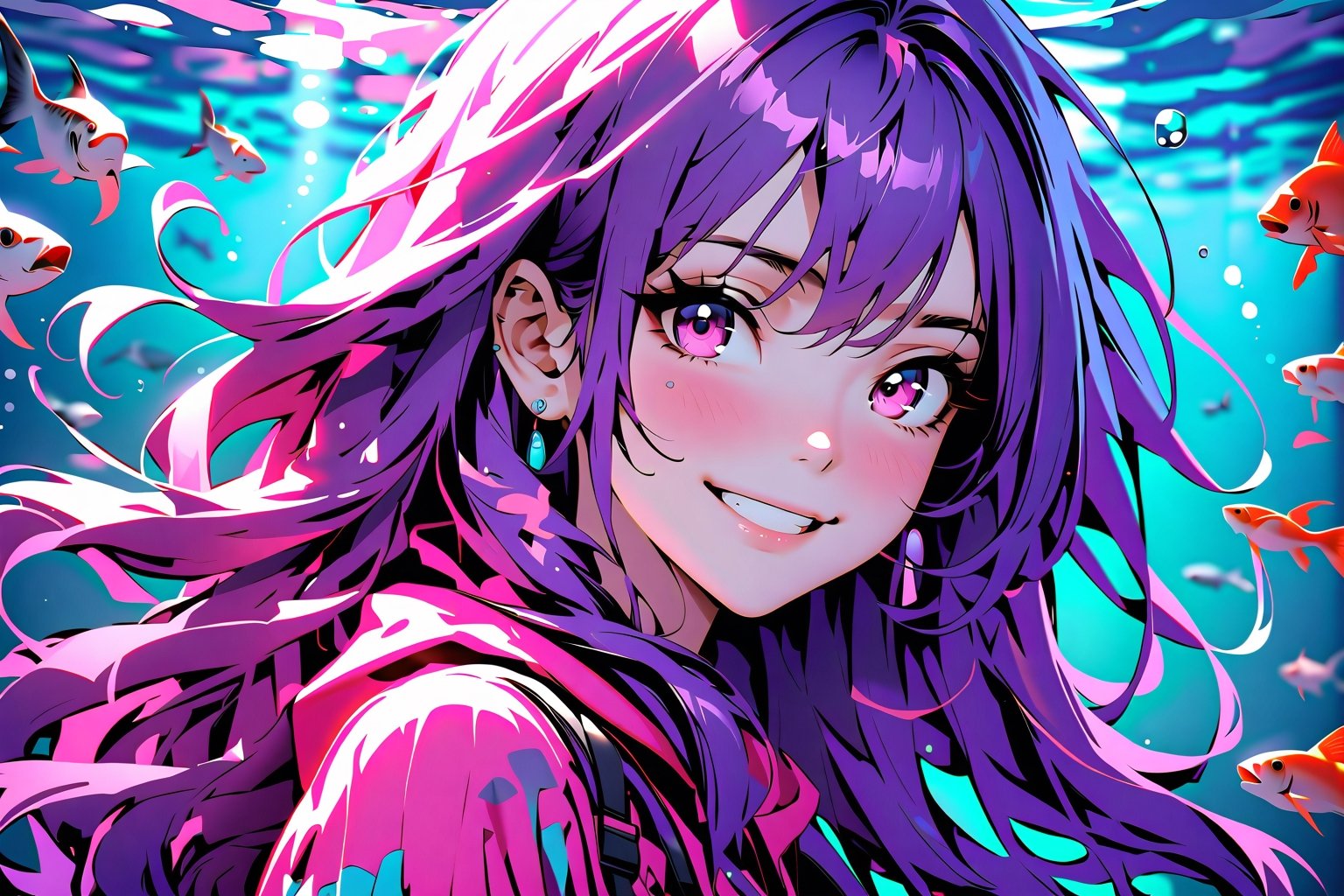 Highly detailed, high quality, masterpiece, beautiful, dark purple hair, long hair, hair:1.2, pink eyes, colorful clothes, messy hair, underwater, wallpaper, screensaver,  smile