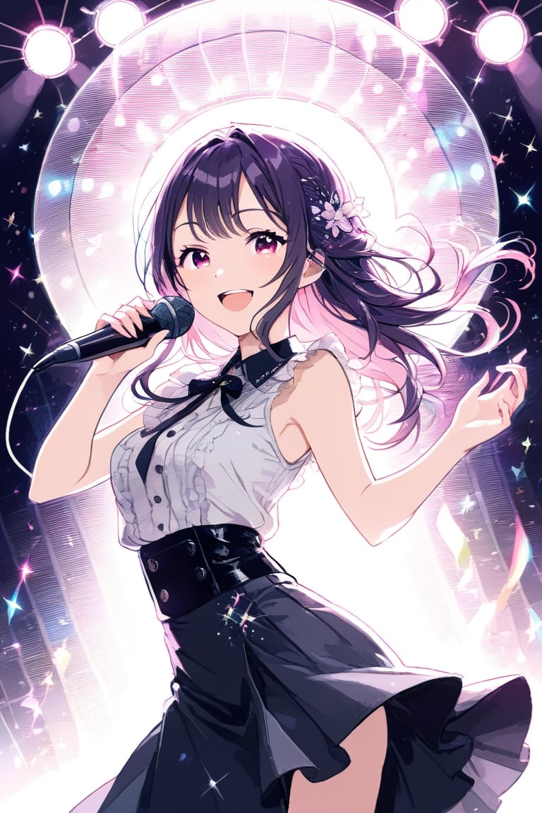 Highly detailed, high quality, masterpiece, beautiful, dark purple hair, long hair: 1. 2,  pink eyes,  singing, dancing pose, black crotop, black skirt,  blush, , hot, smile, looking at front, leds around, karaoke, holding a microphone, music, happy