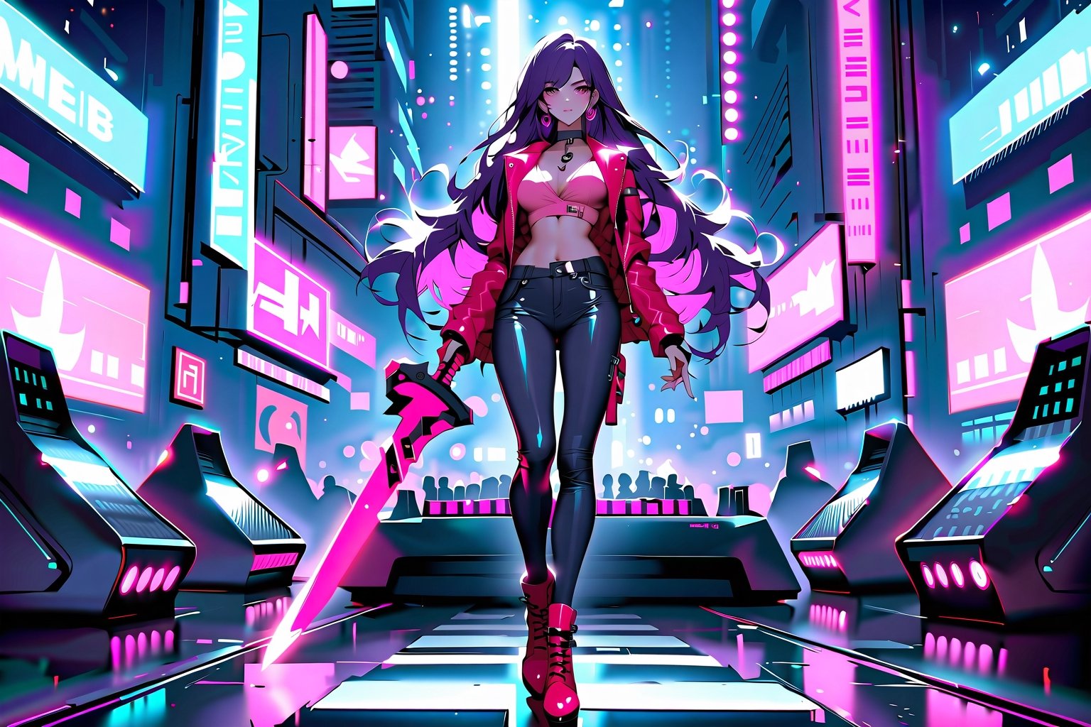 Highly detailed, high quality, masterpiece, beautiful, dark purple hair, long hair, hair:1.2, pink eyes, standing pose, full body, black jeans, leather jacket,  pink blouse, custome, high heels, boots, city night, cyberpunk, floor chess board, dark background, battle background, huge chessboard, holding a sword