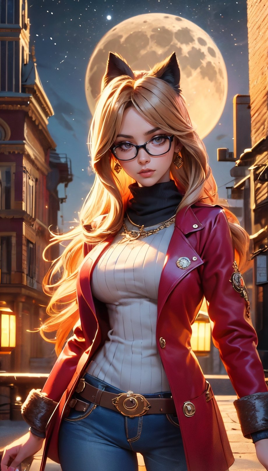 portrait of a Pink blonde young girl in 3d cartoon and steampunk style, Cute girl, black hoodie, glasses, close up, 3D, cute, A lot of depth, Bokeh, Hyper detailed, Fun, road on moon, moon to city background, moon, full moon,night, city, moon material, moon pictures, hand painted moon, month, building, sky, bright moon, road, mid autumn festival, yellow moon, night sky, space, moonlight, window, star, round moon, moon illustration, fifteen moon, beautiful moon, bright, Balmain Blazer, Pink Turtleneck Sweater, Zara Blue Jeans, Chanel Bag, Saint Lauren Pink Pumps, Cat Eye Sunglasses, J.Crew Earrings, princess walt disney, steampunk , exquisite, A lot of depth, Bokeh, 1girl, solo, minigirl, realistic, powerful appearance, Raised Gradient Vortex Cool Technology