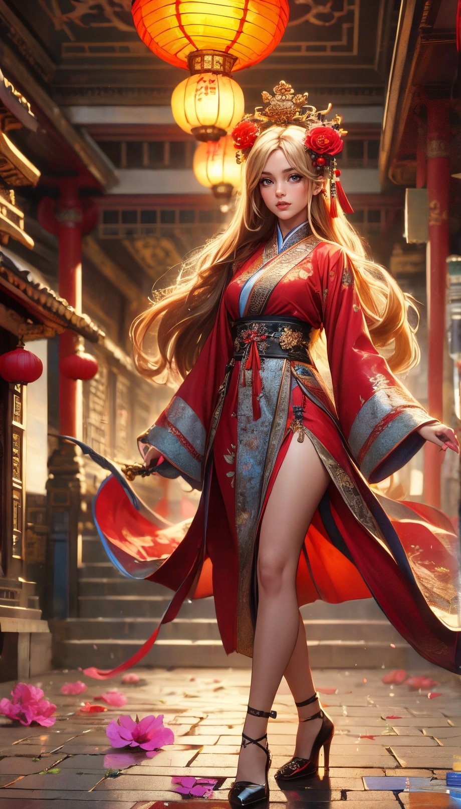 1girl, solo, long hair, smile, blond hair, hair ornament, long sleeves, dress, standing, full body, flower, sky, hair flower, black footwear, high heels, petals, night, chinese clothes, red dress, reflection, lantern, dragon, architecture, east asian architecture, paper lantern, eastern dragon, reflective floor,Realistic, Raised Gradient Vortex Cool Technology