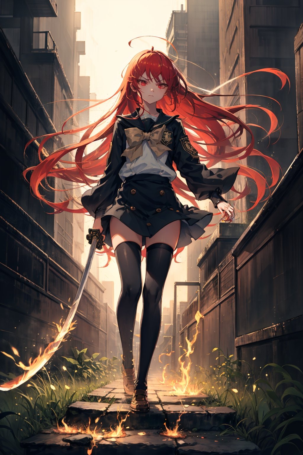 ((masterpiece)),best quality,absurdres,midjourney,1 girl,shanared,red hair, red eyes,angry expression,school_uniform,flat chest ,narrow waist,black thigh high stockings, fire on the left hand,flaming left hand