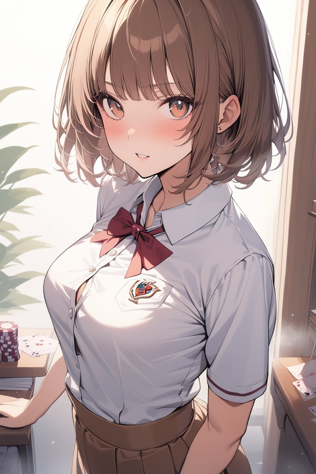 (8K,masterpiece, best quality),1girl,katou megumi, poker face ,short hair,brown hair, brown eyes, medium_breasts, slim_waist ,more detail XL,school uniform,looking_at_viewer,