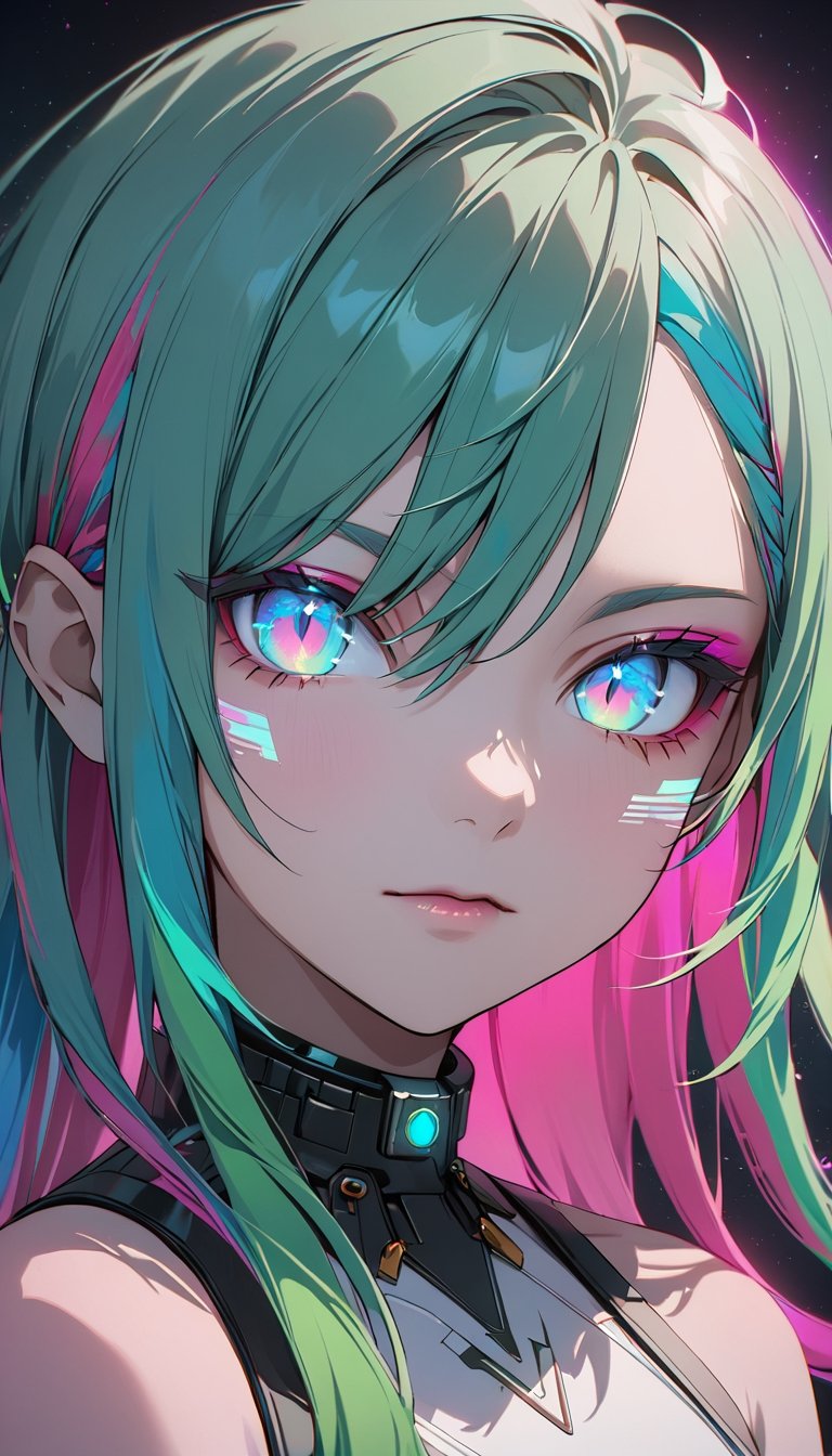 1girl, solo, series, asymmetrical hair, long hair, blue hair, green hair, pink hair, multicolored hair, blue eyes, eyeliner, eye shadow, makeup, bare shoulders, portrait, looking at the viewer, cyberpunk, ((Vampire)), futurism, hologram, glitch, holographic face, ui, interface, nodes, particles, depth of field, bokeh, masterpiece, best quality, very aesthetically pleasing, absurd,