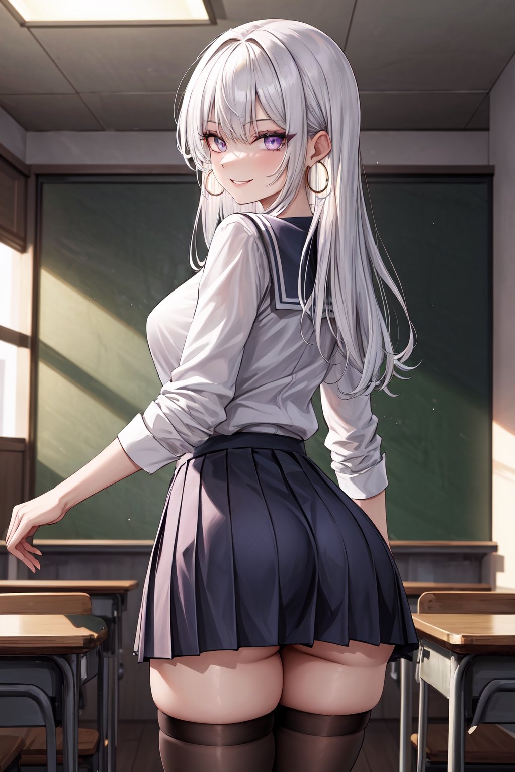 (8K,masterpiece, best quality, highres), 1 woman, 17 years old, long hair,white hair,bangs,hair accessories,purple eyes,smile,makeup,eyeliner,hoop_earrings,glowing eyes,small_breasts,narrow_waist,indoors,school_uniform,thighhigh,perfect,(from behind) , looking_at_viewer