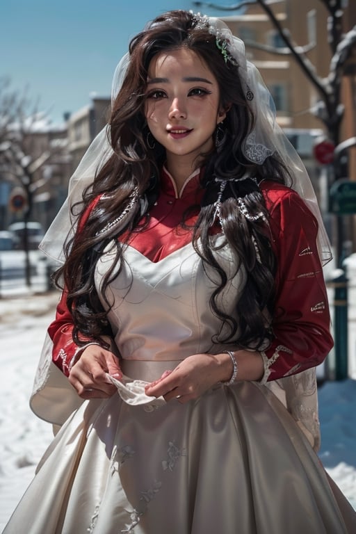 nsfw, background snow covered forest,a hunter, 1 girl, beautiful korean girl, smile, solo, (beautiful and detailed eyes), hazel, eyes, calm expression, delicate facial features, Glamour body type, (dark hair:1.2), simple tiny earrings,(very_long_hair), hair past hip, bang, straight hair, flim grain, realhands, masterpiece, Best Quality, 16k, photorealistic, ultra-detailed, finely detailed, high resolution, perfect dynamic composition, beautiful detailed eyes, eye smile, ((nervous and embarrassed)), sharp-focus, (standing, full_body),girl,((bride)), 1 Woman,ruanyi0288