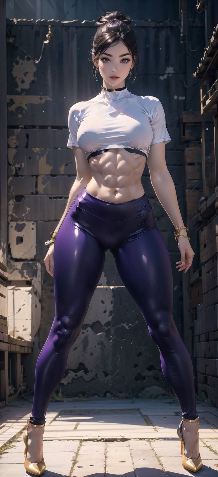best quality, 1girl, solo, big breasts, purple skin, purple hue, muscular thigh, muscular legs, flat tummy,sexy pose, different poses, beautiful face, super detailed and realistic eyes, smile, volumetric lighting, best quality, masterpiece, intricate details, tonemapping, sharp focus, hyper detailed,purple skin, white crop top, white shirt, pelvic curtain, gold accents, full body portrait, massive chest, muscular, see through leggings, gladiator high heels, high heels, wide hips,alphachun,highres,1 girl, (open legs),Ultra details++ 