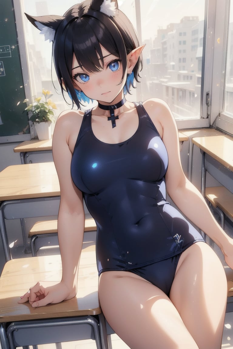 (old school swimsuit),(logo on swimsuit, white product tag on school swimsuit), big-breasted beautiful girl in school swimsuit sitting at desk in classroom,(large breasts),exposed shoulders,sitting,collarbone,swimsuit,thighs,indoors,(school swimsuit,school-designated swimsuit,blue one-piece swimsuit),exposed arms,covered navel,chair,classroom desk,inside classroom,

Blake,lustrous black hair,blue eyes,
(boyish girl),(very short hair,very short hair),girl who looks like a boy,girl dressed like a boy,active girl,

Blake,
cross lace choker,cross necklace,cross earrings,((short pointed ears,succubus demon ears)),
,vibrant colors,sharp focus,best quality,depth of field,cinema-like lighting,(illustration,8k CG,very detailed),ultra-detailed,high resolution,firefly,perfect light,8k,very clear,best quality,high resolution. Best quality, illustration, sax blue, 1 girl, cute, (dynamic lighting: 1.2), cinematic lighting, delicate facial features, detailed eyes, sharp pupils, realistic eyes, depth of field, bokeh, sharp focus, (ultra detail, bloom, shimmer: 1.4), lots of little gems,((S41 school swimsuit))