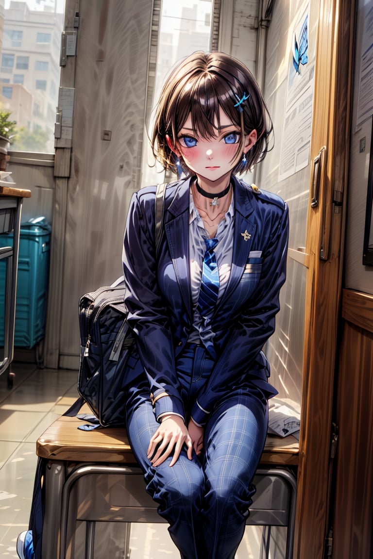 (masterpiece, best quality), high resolution, artistic composition,
cute, pretty, ((solo, 1 girl)), (boyish girl), (very short hair, very short hair), boyish girl, crossdressing girl, active girl,
Blake, full body, (wearing sneakers), socks,
(beautiful blue eyes), jewel-like blue eyes,
(shiny black hair), black hair, (hair with color inside), blue hair at the back, two-tone hair,
Blake, (school bag), carrying bag,
cross lace choker, cross necklace, cross earrings,
(short pointed ears, succubus demon ears: 0.5 )
Blake, blue butterfly hair accessory, (cross hairpin), (small pink hair accessory on ear: 0.4),
Blake, (dark blue blazer uniform), navy blue high school uniform, (checked slacks: 1), (checked uniform pants), (thick blazer uniform), (blue tie), white dress shirt, no military uniform, (no formal attire, no black uniform: 0.5), collarbone, chest, uniform, (succubus, voluptuous female beauty: 0.4)
Blake, (training shoes), boyish sneakers, high school boy's shoes, no black shoes, socks,
Blake,
(checked pants
, stripes, checkered, blue slacks, dark blue pants, high school blazer), (hands between legs), blue tie, striped tie,