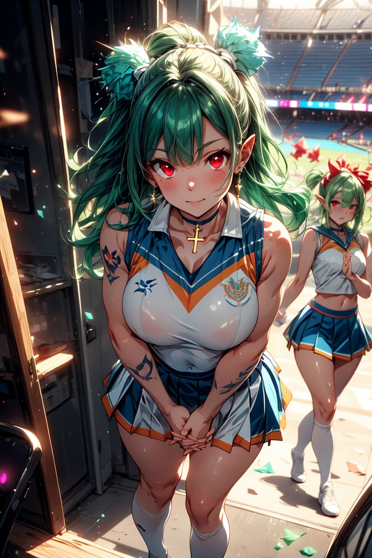 Full body, big beautiful breasts, very cute face, seductive succubus, super detailed face, (red eyes: 1.3), (ruby eyes, red gemstone eyes),, (shiny green hair, shiny green hair, long hair with green glitter, aristocratic wavy green hair), ((white sleeveless cheerleader uniform, holding pom-poms in both hands: 1.3)), stadium seats, ((tattoo on stomach, devil mark under skirt, tattoo on lower abdomen), (beautiful fingers, one of five fingers is a thumb, hands have beautiful and natural shapes) beautiful face, super detailed eyes, detailed hands, detailed fingers,
cross lace choker, cross necklace, cross earrings, ((short pointed ears, succubus devil ears)), breakout, blue butterfly hair accessory, breakout, bright colors, sharp focus, best quality, depth of field, cinematic lighting, (illustration, 8k CG,Very detailed),Ultra detailed,High resolution,Fireflies,Perfect light,8k,Very clear,Best quality,High resolution.Best quality,Illustration,Saxe blue,Single woman,Cute,(Dynamic lighting:1.2),Cinematic lighting,Delicate face,Squint eyes,Sharp eyes,Realistic eyes,Depth of field,Bokeh,Sharp focus,(Ultra detailed,Bloom,Brightness:1.4),Lots of little gems,Break,Cheering,Official scorer,Distant grandstand,Stadium,Olympic venue,