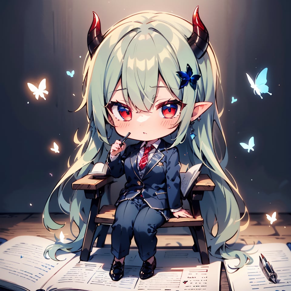 (Cute two-headed character, chibi character, moving chibi character, full body chibi character),BREAK 1 girl, (solo), (16 years old),
 (fluffy, fragrant, shiny green hair, yellow-green inside, hair starting to dye),
(noble's long hair: 1.2), ((red eyes, beautiful as a jewel)), (short, pointed ears, succubus's short, pointed ears: 1)
Blake, (girl focus, female breasts), (blue eyes, beautiful as a jewel), embarrassed expression, BREAK, studying in a school library or studying in a classroom, (open notebook illustration, old illustration of a female demon in a book illustration:), (pencil drawing of a succubus in an ancient manuscript, old ancient manuscript), BREAK, dark blue blazer uniform, white collar shirt, long sleeves, (blue tie), (checkered blazer pants, checkered pants), dark jacket, peeking, BREAK viewer, (focus on face), sitting in a chair studying, concentrating, tilting head, (cute gestures: 1.2), ((blue cross earrings, blue inside of hair), blue butterfly hair ornament on head