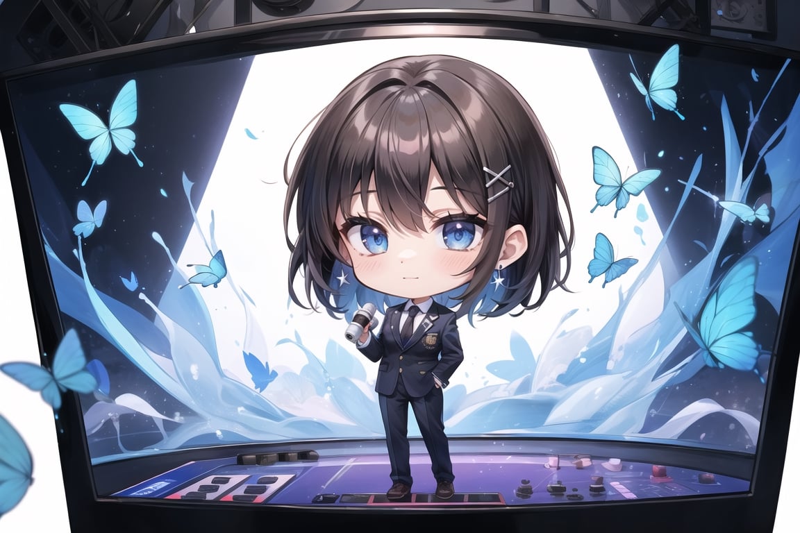 Best quality, (2 heads:1.2), (white background: 1), (full body standing:1), (chibi character in motion:1.1), (full body from feet of 2 heads:1)


beautiful, aesthetic and cute, only daughter, solo, looking at the camera, blushing, smiling half-beautiful woman,
Break,
(The background is the school's broadcasting room. Behind the glass of the recording studio is the school cafeteria, where several students are:1), a large microphone for radio recording, a girl is broadcasting on the school's campus,

Her jewel-like blue eyes are so beautiful that they seem to draw you in.
Short hair, (black and brown bangs), black and brown medium hair, holy cross hair ornament, shiny blue cross hair ornament, blue cross clip, two-tone hair with shiny inner hair (brown and blue),
Break,
Accessories include gold and silver jewelry, x hair ornament, and cross hair clip.
Butterfly earrings, butterfly and jeweled choker, (silk jet black lace choker), feminine black lace choker
break,
(beautiful girl in trousers, uniform slacks decorated with flowers: 1), sit, take notes, (check on smartphone), (smartphone: 1)
navy blue blazer uniform jacket, white shirt and tie, collared shirt, open jacket, blue butterfly