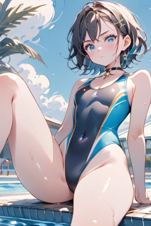 //Quality,masterpiece:1.4,details:1.4,best quality:1.4,//,1 girl,solo,//,blue eyes,detailed eyes,shiny skin,//,hair accessory,ornaments,(white swimsuit),competitive swimsuit,navel covered,wet,wet legs,//,serious,blushing,looking down,looking at viewer,mouth closed,//,legs crossed,sitting by pool,//,pool,from below,competitive swimsuit,colorful art,1 girl with bright colors,looking at viewer,multiple girls,hat,cleavage,voluptuous female body,sensual gesture,jewelry,one piece swimsuit,pattern on lower abdomen of high leg swimsuit,(mark of demonic desire engraved on lower abdomen,1.3 red tattoo on abdomen above), (covered navel), (high leg), high leg marking,, (competitive swimsuit),
Blake,
(boyish girl)
(very short hair, very short hair), boyish girl, crossdressing girl, active girl,
cute boy with feminine face, beautiful boy,
Blake,
(beautiful blue eyes), jewel-like blue eyes,
(shiny black hair), black hair, (inner hair color), blue at the back of the hair, two-tone hair,
Blake,
cross lace choker, cross necklace, cross earrings,
(short pointed ears, succubus demon ears: 0.5)
Blake, blue butterfly hair accessory, (cross hairpin), (small pink hair accessory around ears: 0.4),