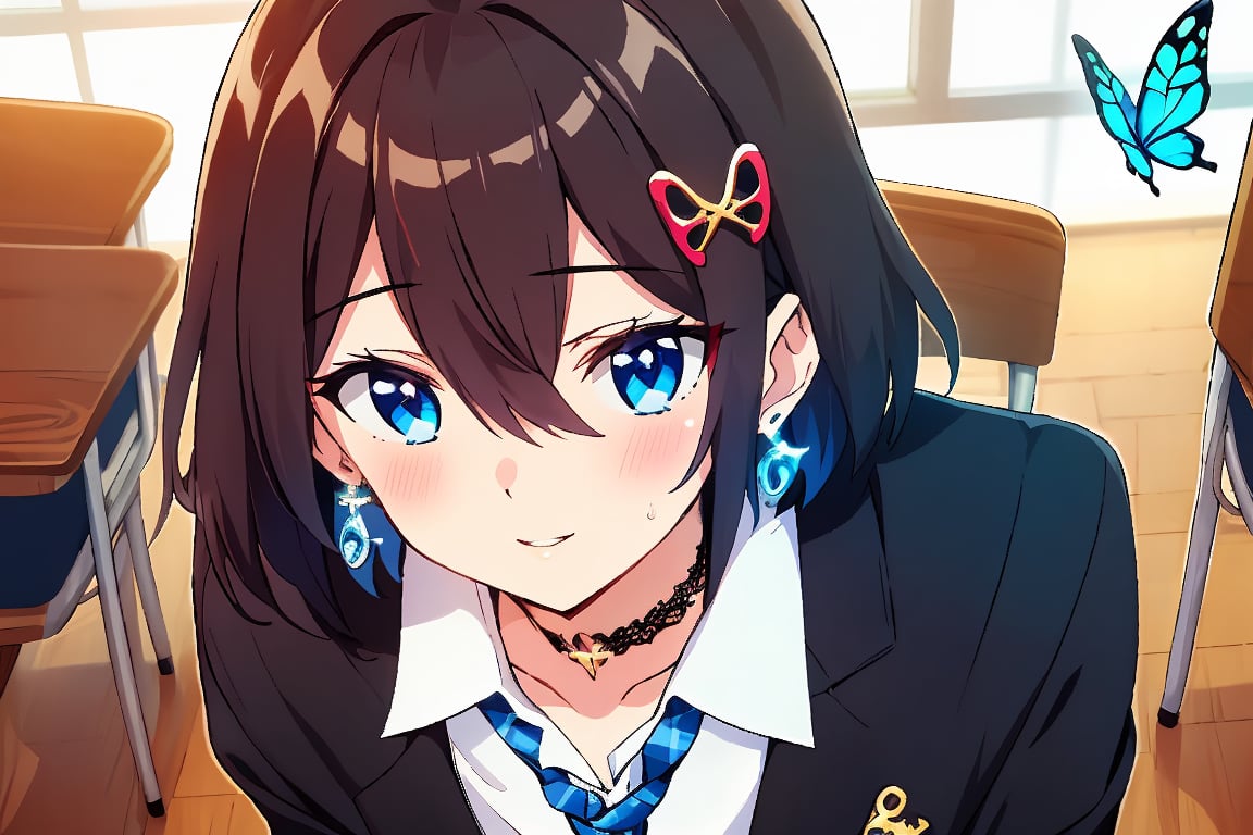 Masterpiece, highest quality, illustration, succubus princess, cute, cute, (portrait: 1), (close-up:1), 1 girl, solo, looking at viewer, blushing, smiling,


Her blue jewel-like eyes are so beautiful that you can almost be sucked into them.
Short hair, small braids (bangs are black and brown), hair between black and brown, holy cross hair ornament, shining blue cross hair ornament, blue cross clip, shiny inner hair (brown and blue) two-tone hair)

Accessories include gold and silver jewelry, x hair ornaments, and cross hair clips.
Butterfly earrings, butterfly & jewel choker (earrings & choker), (silk jet black lace choker), feminine black lace choker

Butterfly earrings, butterfly and jewel choker,
(Earrings and Chokers), A choker is a jet black lace choker accessory that resembles silk women's underwear or gold or silver jewelry.

short hair, bangs, blue eyes, brown hair, shirt, hair ornament, long sleeves, hair between the eyes, sitting, school uniform, jacket, white shirt, parted lips, tie, hair clip, collared shirt, pants, indoors, , medium hair, black jacket, plaid, window,
Plaid slacks, chair, black pants, blazer, hair ornament, blue tie, desk, school desk