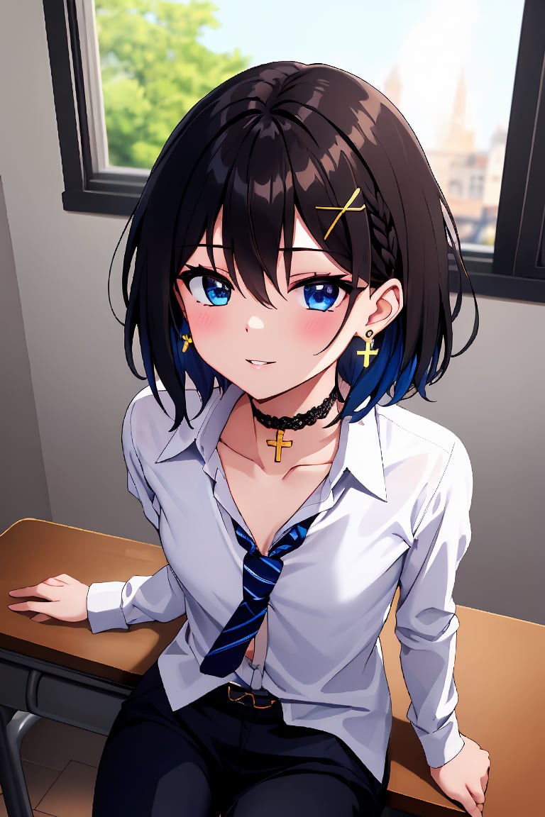 Masterpiece, highest quality, illustration, succubus princess, cute, cute, (portrait: 1), (close-up:1), 1 girl, solo, looking at viewer, blushing, smiling,


Her blue jewel-like eyes are so beautiful that you can almost be sucked into them.
Short hair, small braids (bangs are black and brown), hair between black and brown, holy cross hair ornament, shining blue cross hair ornament, blue cross clip, shiny inner hair (brown and blue) two-tone hair)

Accessories include gold and silver jewelry, x hair ornaments, and cross hair clips.
Butterfly earrings, butterfly & jewel choker (earrings & choker), (silk jet black lace choker), feminine black lace choker

Butterfly earrings, butterfly and jewel choker,
(Earrings and Chokers), A choker is a jet black lace choker accessory that resembles silk women's underwear or gold or silver jewelry.

short hair, bangs, blue eyes, brown hair, shirt, hair ornament, long sleeves, hair between the eyes, sitting, school uniform, jacket, white shirt, parted lips, tie, hair clip, collared shirt, pants, indoors, , medium hair, black jacket, plaid, window,
Plaid slacks, chair, black pants, blazer, hair ornament, blue tie, desk, school desk