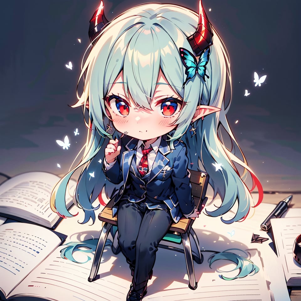 (Cute two-headed character, chibi character, moving chibi character, full body chibi character),BREAK 1 girl, (solo), (16 years old),
 (fluffy, fragrant, shiny green hair, yellow-green inside, hair starting to dye),
(noble's long hair: 1.2), ((red eyes, beautiful as a jewel)), (short, pointed ears, succubus's short, pointed ears: 1)
Blake, (girl focus, female breasts), (blue eyes, beautiful as a jewel), embarrassed expression, BREAK, studying in a school library or studying in a classroom, (open notebook illustration, old illustration of a female demon in a book illustration:), (pencil drawing of a succubus in an ancient manuscript, old ancient manuscript), BREAK, dark blue blazer uniform, white collar shirt, long sleeves, (blue tie), (checkered blazer pants, checkered pants), dark jacket, peeking, BREAK viewer, (focus on face), sitting in a chair studying, concentrating, tilting head, (cute gestures: 1.2), ((blue cross earrings, blue inside of hair), blue butterfly hair ornament on head