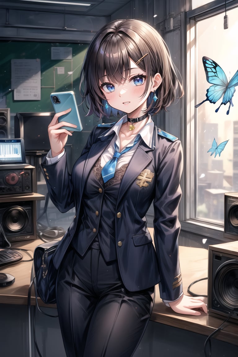 Masterpiece, highest quality, lovely and cute illustration, succubus princess, beautiful, aesthetic and cute, only daughter, solo, looking at the camera, blushing, smiling half-beautiful woman,
Break,
(The background is the school's broadcasting room. Behind the glass of the recording studio is the school cafeteria, where several students are:1), a large microphone for radio recording, a girl is broadcasting on the school's campus,

Her jewel-like blue eyes are so beautiful that they seem to draw you in.
Short hair, (black and brown bangs), black and brown medium hair, holy cross hair ornament, shiny blue cross hair ornament, blue cross clip, two-tone hair with shiny inner hair (brown and blue),
Break,
Accessories include gold and silver jewelry, x hair ornament, and cross hair clip.
Butterfly earrings, butterfly and jeweled choker, (silk jet black lace choker), feminine black lace choker
break,
(beautiful girl in trousers, uniform slacks decorated with flowers: 1), sit, take notes, (check on smartphone), (smartphone: 1)
navy blue blazer uniform jacket, white shirt and tie, collared shirt, open jacket, blue butterfly